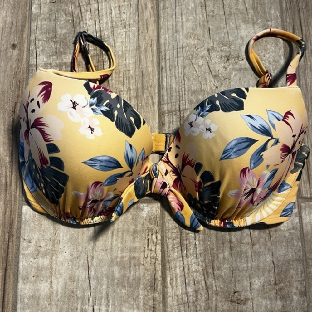 Hollister Padded Tie Front Tropical Bikini Top‎ Yellow with Red Flowers 34D EUC